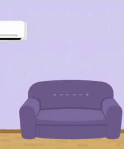Minimalist-digital-drawing-of-a-purple-armchair-pink-lamp-radiator-and-air-conditioner-on-a-lavender-wall-with-wooden-floor