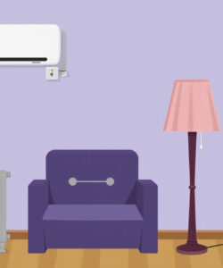 Minimalist-digital-drawing-of-a-purple-armchair-radiator-pink-lamp-and-white-AC-unit-on-a-light-purple-wall