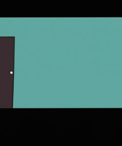 Minimalist-digital-drawing-of-a-teal-walled-room-with-a-brown-door-a-blank-white-square-on-the-right-and-black-floor