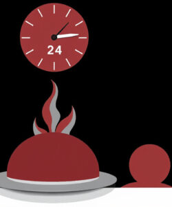 Minimalist-digital-drawing-red-clock-reads-24-with-a-red-bowl-of-flames-on-a-white-plate-against-a-black-background