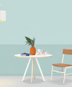 Minimalist-digital-illustration-featuring-a-small-round-table-with-pineapple-teacups-and-books-white-chair-and-potted-plant