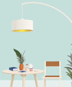 Minimalist-digital-illustration-featuring-a-white-table-brown-chair-plants-and-pineapple-on-a-mint-green-background