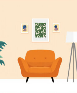 Minimalist-digital-illustration-featuring-an-orange-armchair-green-potted-plant-abstract-wall-art-and-a-floor-lamp-on-beige-walls