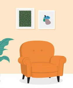 Minimalist-digital-illustration-of-a-cozy-room-featuring-an-orange-armchair-green-plant-and-modern-floor-lamp