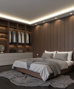Modern-bedroom-with-a-large-bed-built-in-wardrobes-a-freestanding-bathtub-and-a-sleek-contemporary-design
