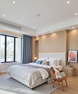 Modern-bedroom-with-a-large-bed-minimalist-decor-natural-light-and-a-cozy-inviting-atmosphere