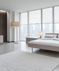 Modern-bedroom-with-minimalist-design-light-wood-furniture-large-window-with-city-view-neutral-tones-and-cozy-white-rug