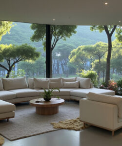 Modern-living-room-with-a-curved-sectional-sofa-wooden-coffee-table-potted-plants-large-windows-overlooking-lush-greenery