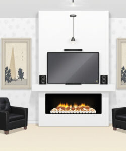 Modern-living-room-with-a-fireplace-black-leather-chairs-flat-screen-TV-and-minimalist-decor