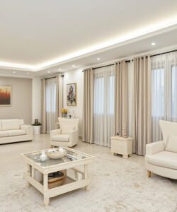 Modern-living-room-with-beige-furniture-abstract-art-floor-to-ceiling-windows-and-soft-lighting-Photographic-image