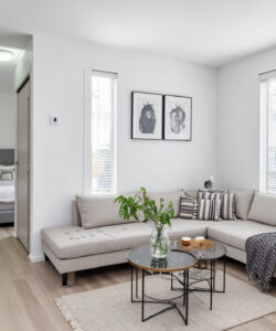Modern-living-room-with-beige-sectional-sofa-potted-plants-and-large-windows-overlooking-a-bedroom