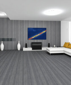 Modern-living-room-with-grey-floor-white-couch-yellow-cushions-abstract-painting-black-fireplace-minimalistic-decor-and-grey-wall