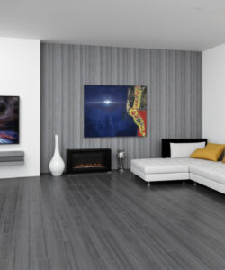Modern-living-room-with-minimalist-decor-white-walls-gray-floor-black-fireplace-abstract-art-and-a-white-sectional-sofa