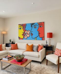 Modern-living-room-with-vibrant-pop-art-white-sofa-orange-cushions-red-lamp-and-colorful-abstract-painting