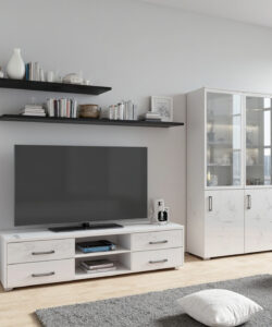 Modern-living-room-with-white-furniture-blue-armchair-grey-rug-bookshelves-glass-wall-city-view-and-minimalist-decor