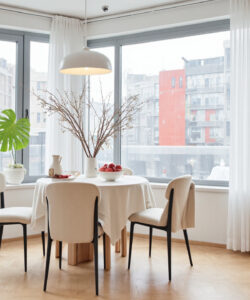 Modern-minimalist-kitchen-dining-area-with-large-windows-white-chairs-tablecloth-potted-plants-and-a-contemporary-pendant-light