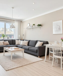 Modern-minimalist-living-room-photograph-featuring-a-gray-sectional-sofa-white-dining-table-and-light-beige-walls