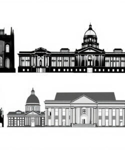 Monochrome-digital-illustration-featuring-various-iconic-buildings-a-cathedral-parliament-clock-tower-government-building-and-a-lighthouse