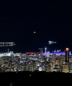 Nighttime-photograph-of-a-bustling-cityscape-with-illuminated-skyscrapers-bridges-and-boats-on-a-dark-starry-sky