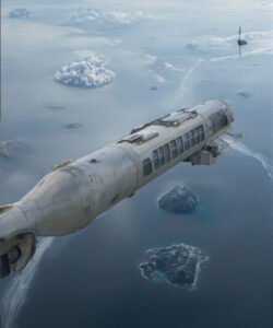 Photograph-Futuristic-sleek-white-cylindrical-spaceship-with-windows-and-wings-flying-over-a-vast-cloudy-ocean-with-scattered-icebergs