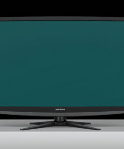 Photograph-of-a-Samsung-flatscreen-TV-with-minimalistic-bookshelf-globe-and-colorful-geometric-objects-on-a-black-and-white-gradient-background