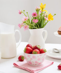 Photograph-of-a-bright-minimalist-table-setting-with-milk-strawberries-flowers-cupcakes-and-utensils-on-a-white-cloth