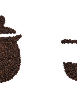 Photograph-of-a-coffee-themed-artwork-featuring-a-teapot-and-teacup-crafted-from-dark-roasted-coffee-beans-on-a-white-background