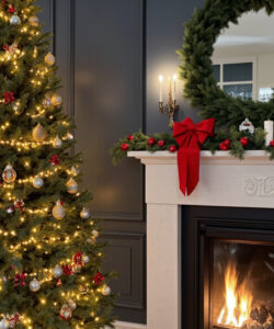 Photograph-of-a-cozy-festive-living-room-with-a-lit-fireplace-decorated-Christmas-tree-and-a-wreath-on-the-mantle