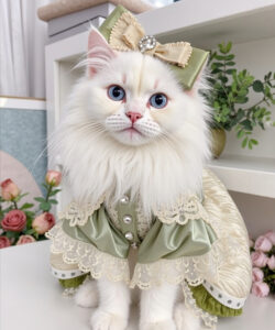 Photograph of a fluffy white cat in an elegant green and cream victorian style dress with lace surrounded by pink roses