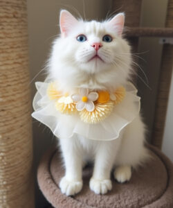 Photograph of a fluffy white cat with blue eyes wearing a yellow flower collar sitting on a beige carpeted perch