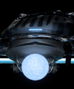 Photograph-of-a-futuristic-spacecraft-with-a-glowing-blue-sphere-at-its-center-set-against-a-black-starless-background