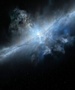 Photograph-of-a-galaxy-with-a-central-bright-core-surrounded-by-swirling-blue-and-white-clouds-of-gas-and-dust