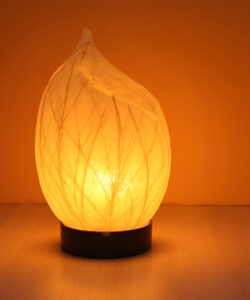 Photograph-of-a-glowing-translucent-flame-shaped-lamp-with-intricate-vein-like-patterns-placed-on-a-wooden-surface-against-a-warm-orange-background