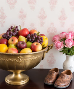 Photograph-of-a-gold-ornate-bowl-with-fruits-pink-roses-in-a-vase-and-brown-snakeskin-shoes-on-a-table