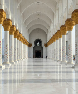 Photograph-of-a-grand-marble-floored-mosque-with-elegant-white-columns-adorned-with-intricate-floral-patterns-under-a-clear-sky