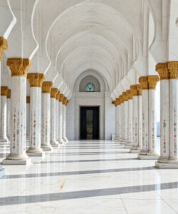 Photograph-of-a-grand-white-marble-mosque-interior-with-arched-ceilings-gold-accented-columns-and-vibrant-floral-carvings-sunlit-floor
