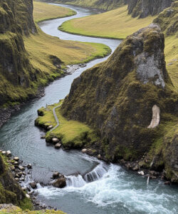 Photograph-of-a-lush-green-canyon-with-a-winding-river-waterfalls-and-moss-covered-cliffs
