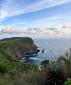 Photograph-of-a-lush-green-coastline-with-a-cliff-ocean-waves-and-a-distant-ship-under-a-partly-cloudy-sky