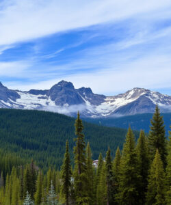 Photograph-of-a-lush-green-forest-with-snow-capped-mountains-under-a-blue-sky-with-wispy-clouds