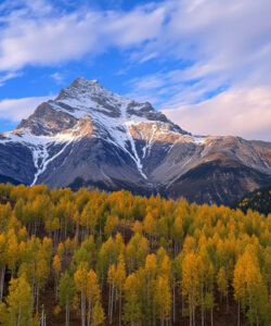 Photograph-of-a-majestic-mountain-range-with-snow-capped-peaks-surrounded-by-vibrant-autumnal-yellow-trees-under-a-partly-cloudy-sky