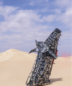 Photograph-of-a-massive-metallic-starfighter-sculpture-on-a-vast-sandy-desert-with-a-clear-blue-sky-and-scattered-clouds