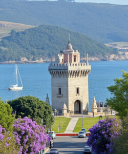 Photograph-of-a-picturesque-coastal-town-with-a-historic-stone-tower-vibrant-purple-flowers-and-a-blue-harbor