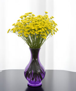 Photograph-of-a-purple-vase-containing-yellow-flowers-on-a-black-table-with-white-draped-curtains-in-the-background