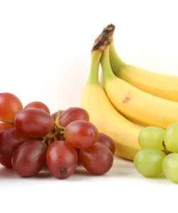 Photograph-of-a-red-apple-bunch-of-red-grapes-yellow-bananas-and-cluster-of-green-grapes-on-a-white-background