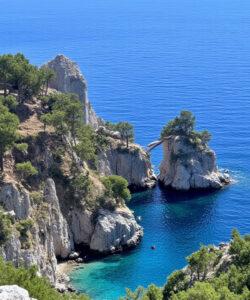 Photograph-of-a-rugged-coastline-with-turquoise-waters-surrounded-by-dense-greenery-under-a-bright-blue-sky