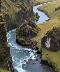 Photograph-of-a-rugged-moss-covered-canyon-with-a-winding-river-lush-green-grass-and-jagged-cliffs-in-Iceland
