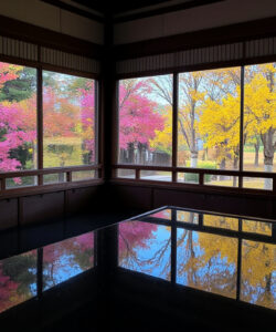 Photograph-of-a-serene-Japanese-room-with-large-windows-reflecting-vibrant-autumn-trees-in-pink-yellow-and-green-hues