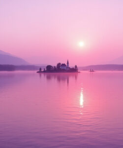Photograph-of-a-serene-lake-at-sunset-with-mountains-and-a-small-island-featuring-a-church-under-a-pink-sky