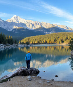 Photograph-of-a-serene-lake-with-a-lone-figure-in-a-yellow-hat-and-blue-jacket-surrounded-by-mountains