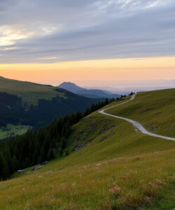 Photograph-of-a-serene-mountain-landscape-at-sunset-featuring-a-winding-dirt-path-lush-green-grass-and-dense-forest